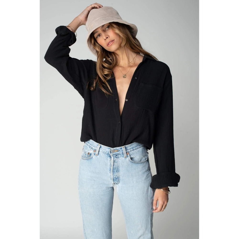 Stillwater crop black gauze faded button up collared SM raw hem minimalist layer
